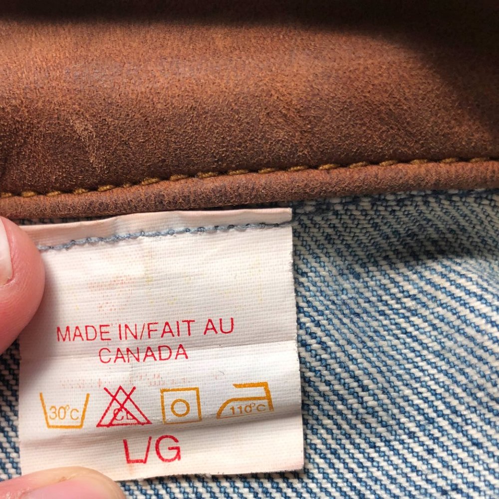 Mens Vintage Jean Jacket with Leather Collar Large - Picture 4 of 6